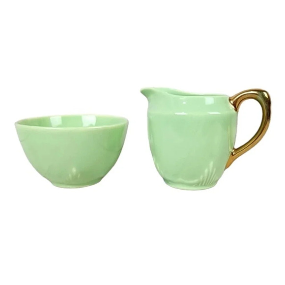 Vintage 1940s Biltons Open  Sugar and Creamer Set England Pistachio Green Gold - Picture 1 of 16